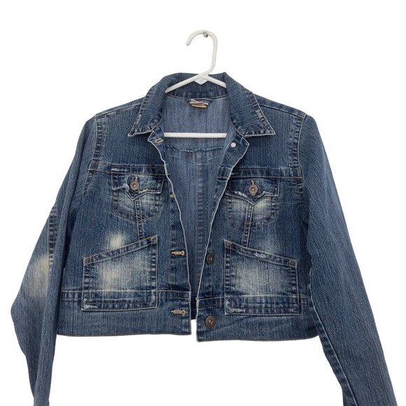 Xhilaration Womens Cropped Denim Jacket SZ XL Blue Button Front Distressed Style - Picture 11 of 15